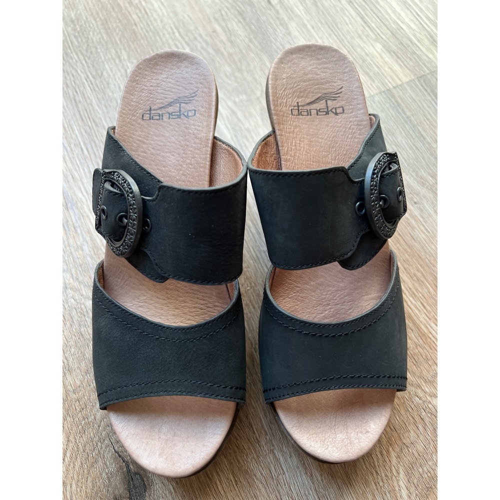 Dansko Ramona Black Leather Slide Sandals Buckle Block Heel Clog Mules Size 7.5 - Picture 2 of 11